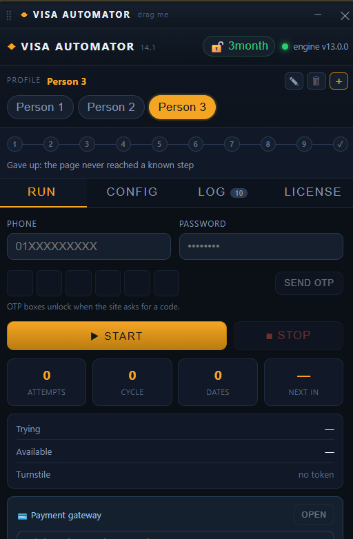 Advance Automation Pro control panel showing run, config, log and license tabs